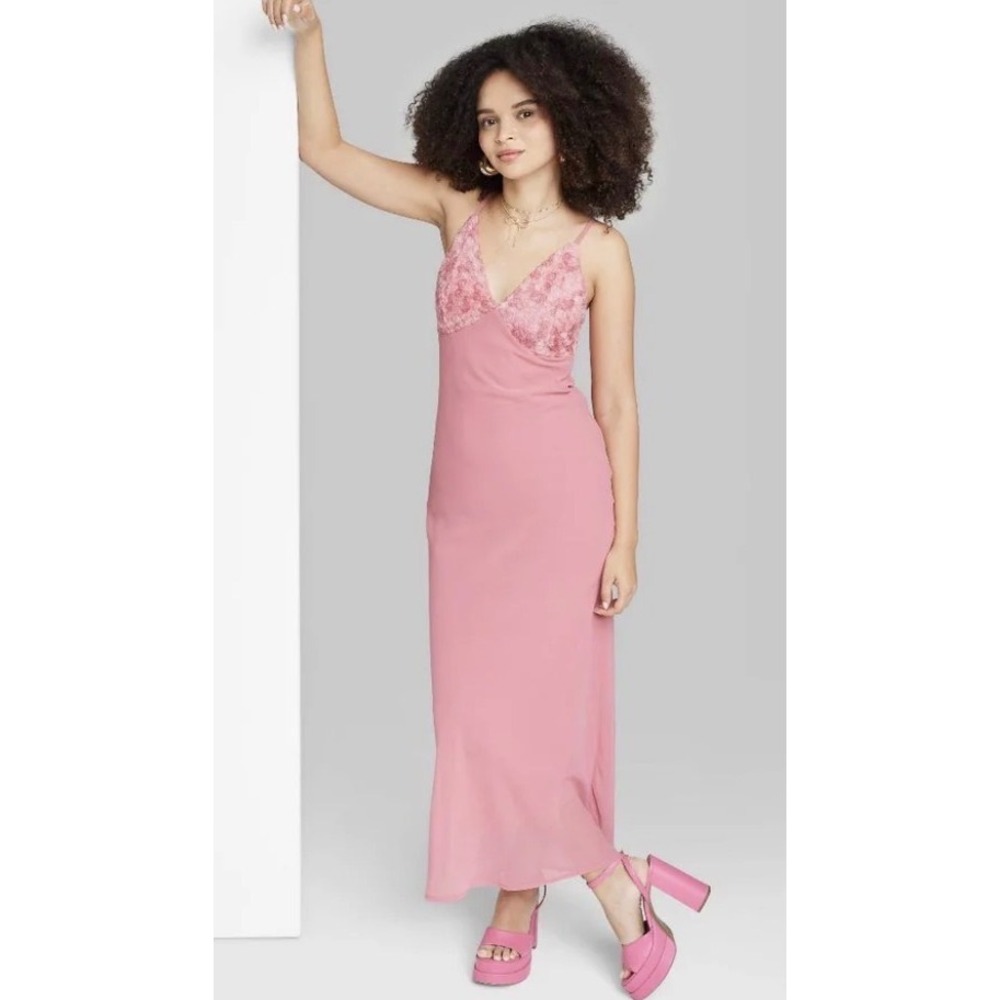 Rosette Cup Maxi Dress Pink Sheer Tie Back Closure Feminine Women's XXL Curvy